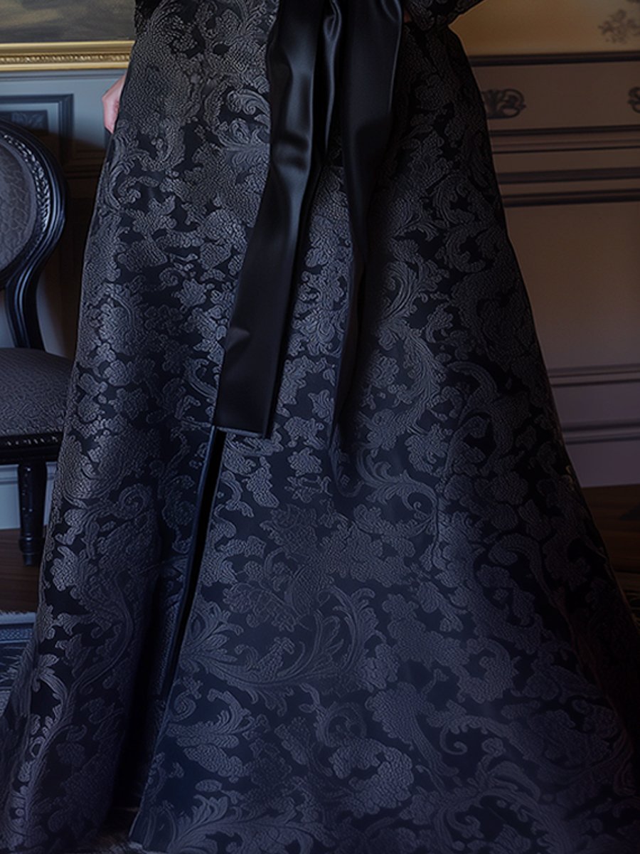 Navy Satin Jacquard Dress with Elegant Scrollwork and Satin Sash