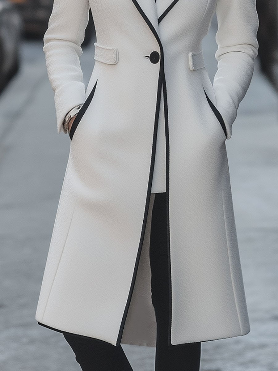 Chic Contrast-Trimmed Long White Coat