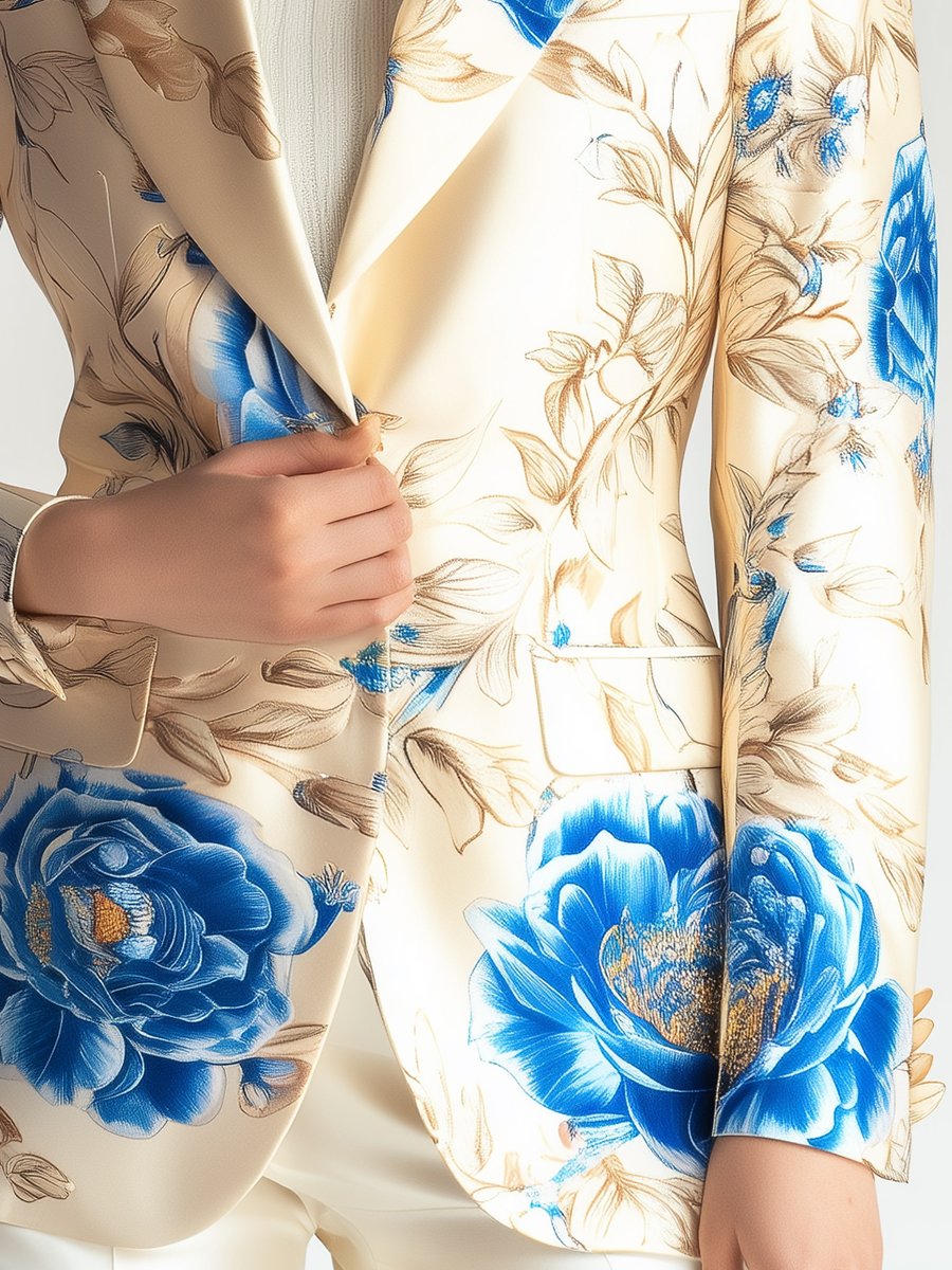 Sophisticated Ivory Satin Blazer with Royal Blue Florals