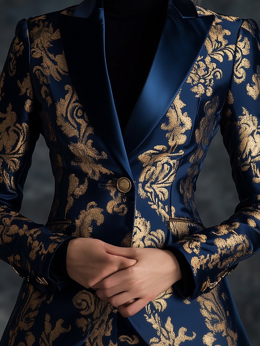 Royal Blue Satin Jacquard Blazer with Gold Brocade Floral Accents