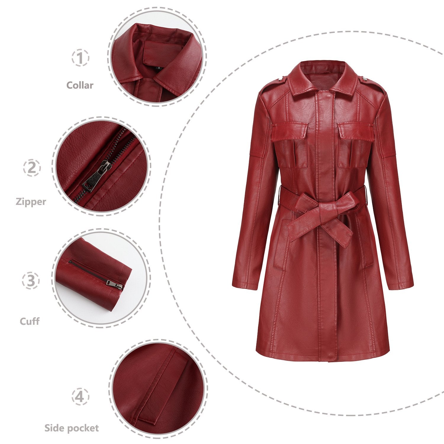 Classic Faux Leather Plain Long-sleeved Trench Coat with Belt