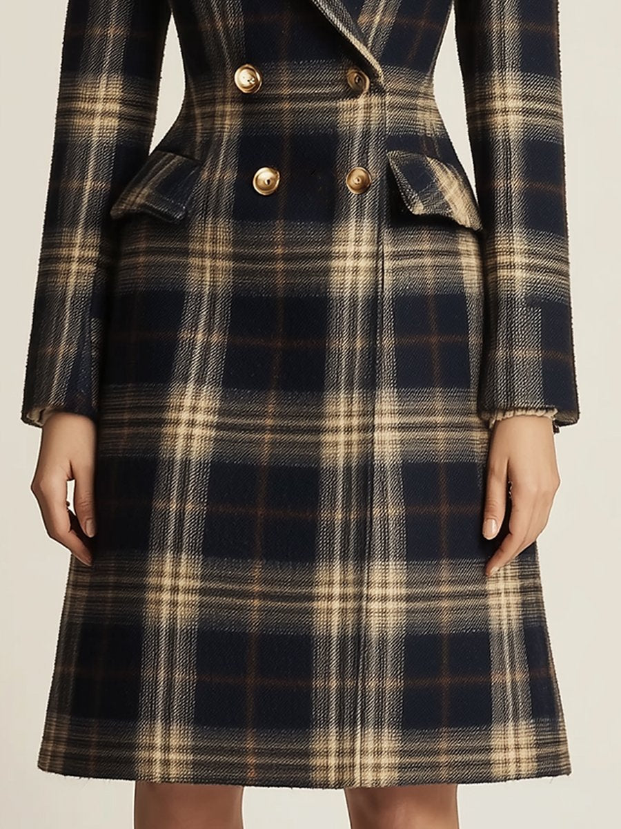 Navy and Beige Plaid Tailored Double-Breasted Coat