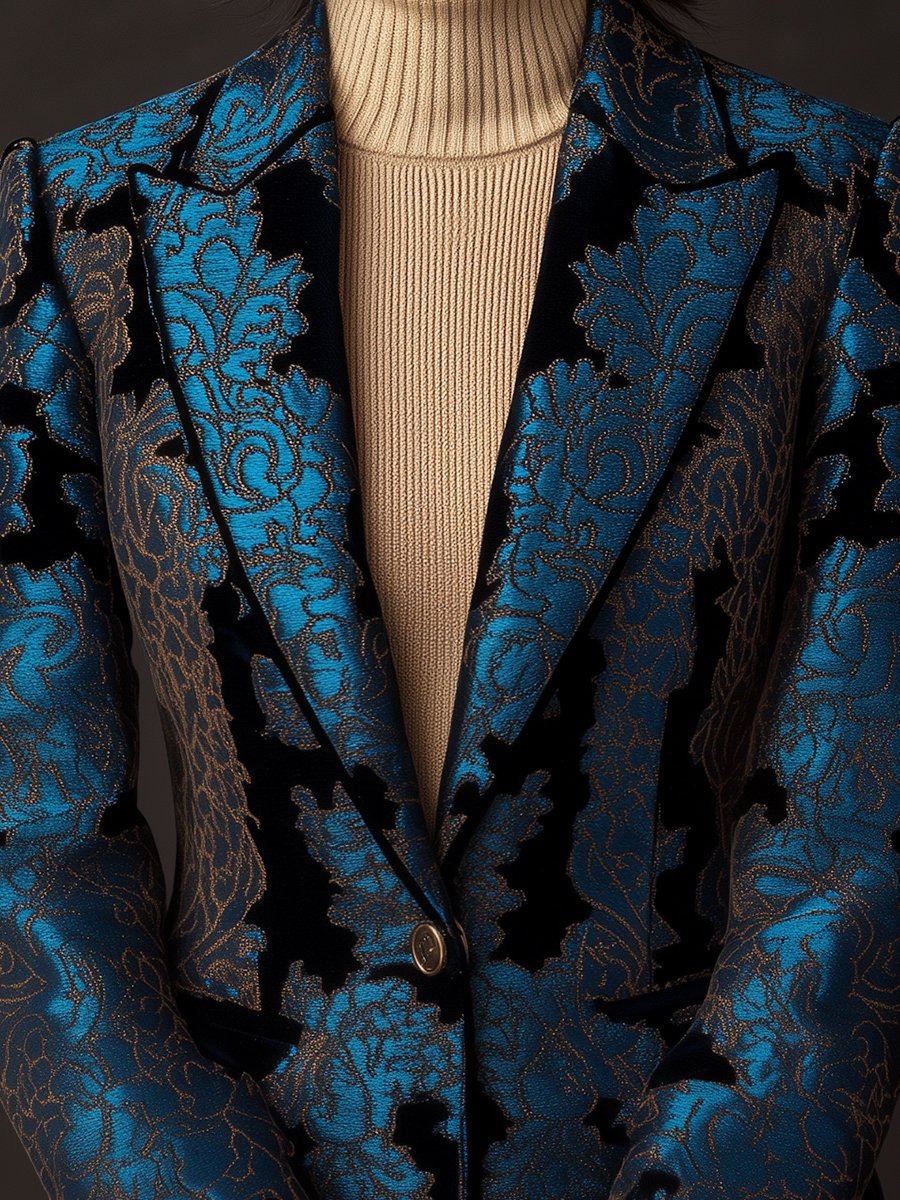 Black and Teal Jacquard Blazer with Vintage Floral Pattern