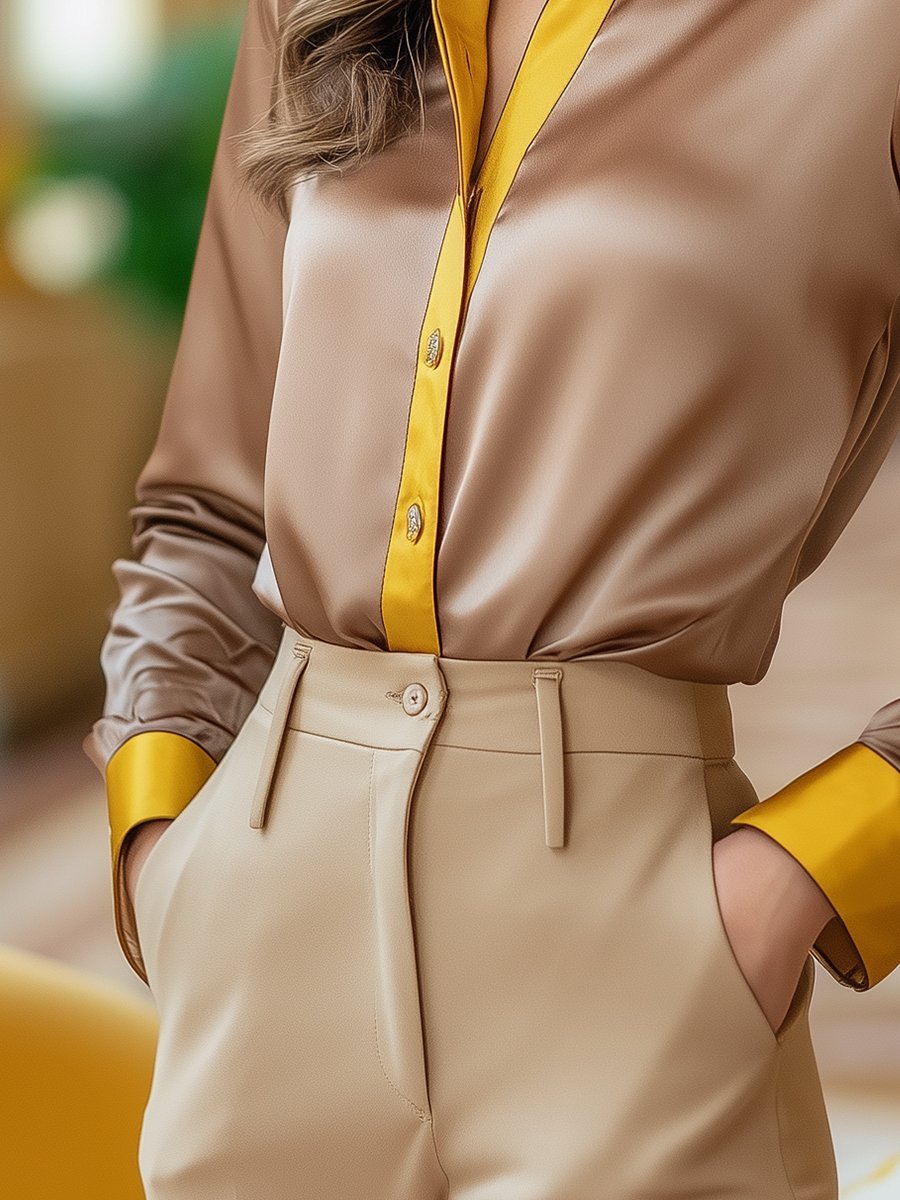 Warm Light Brown Satin Blouse with Golden Yellow Details