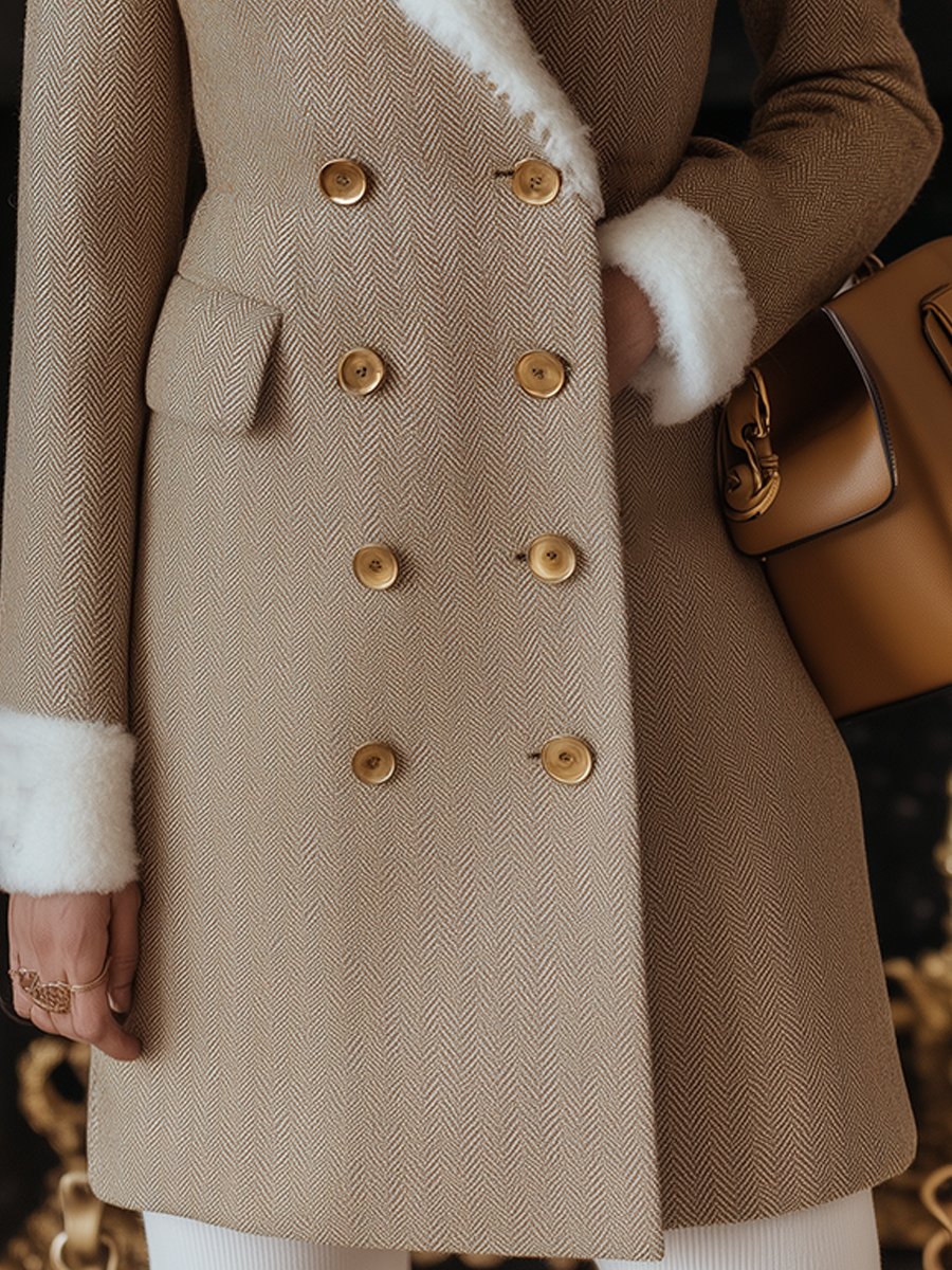 Timeless Herringbone Coat with Shearling Accents