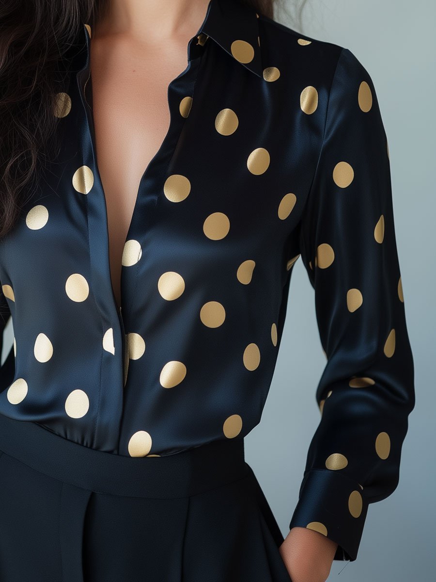 Black Satin Blouse with Gold Polka Dots