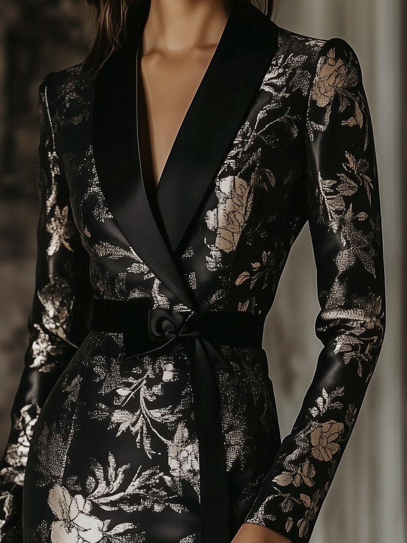Glamorous Black Floral Jacquard Mini Dress with Satin Details