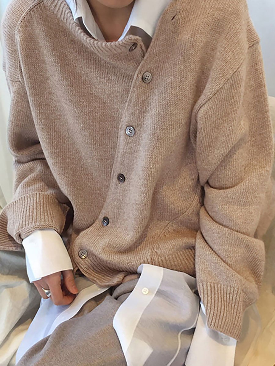 Asymmetric Buttoned Plain Cardigan