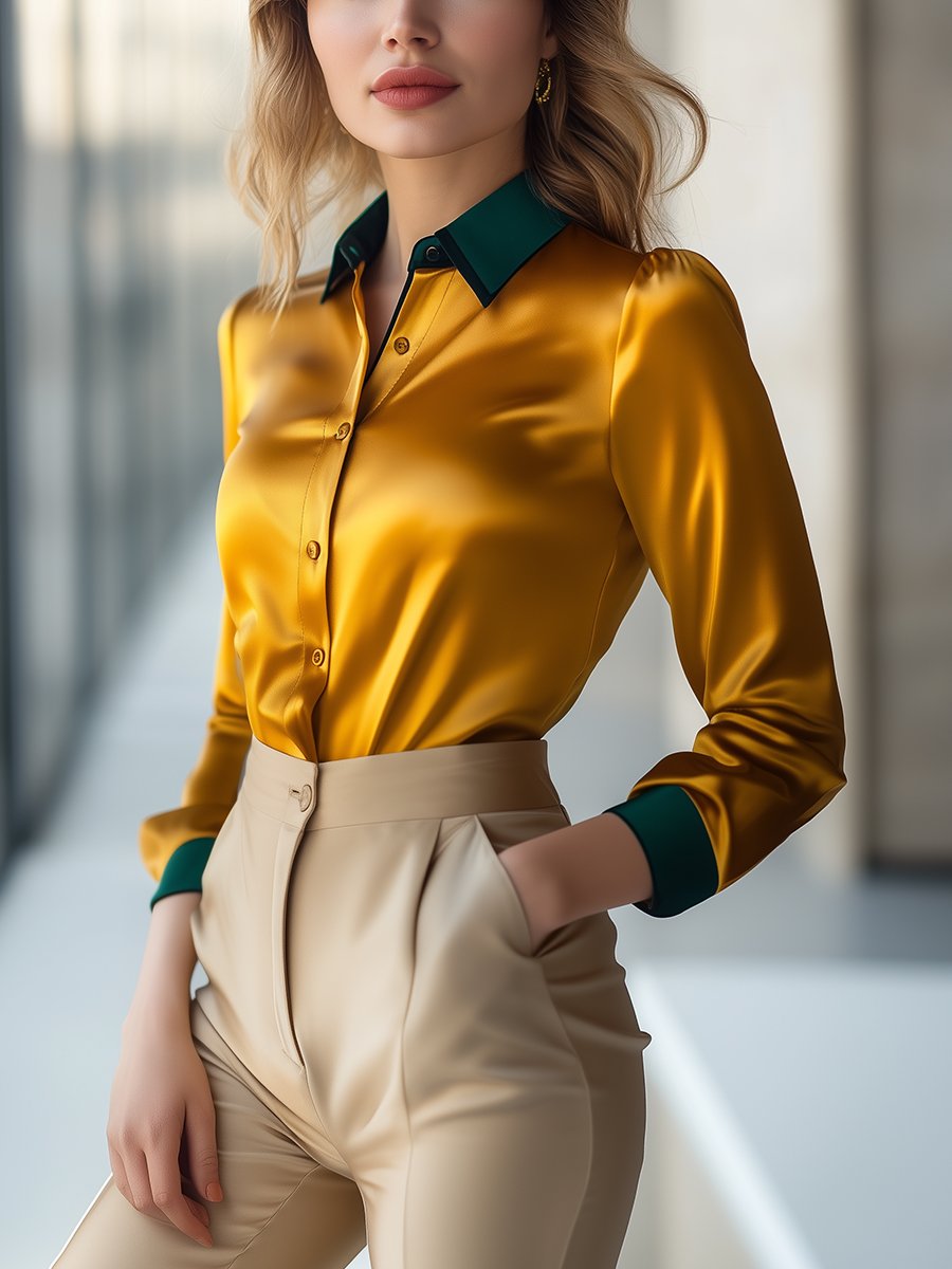 Golden Satin Blouse with Forest Green Contrast Collar