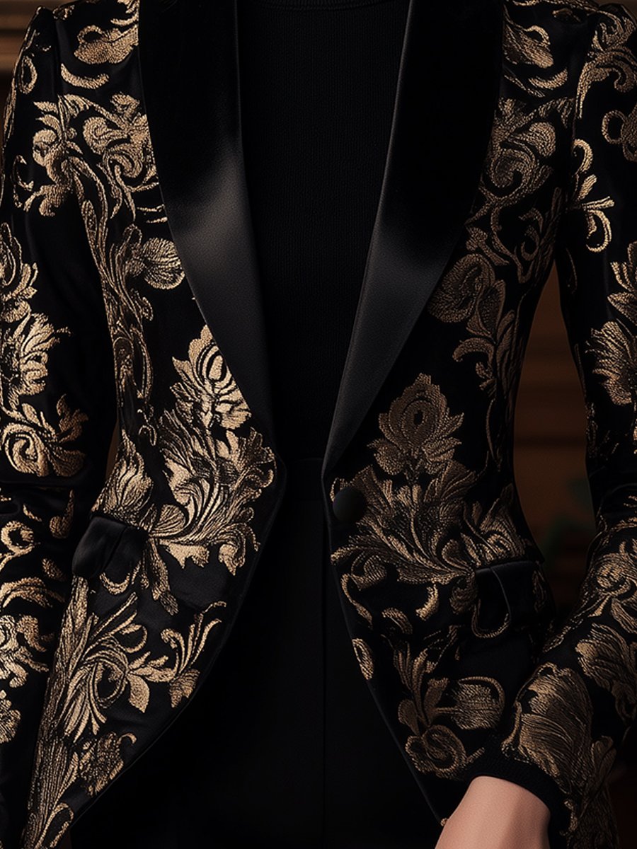 Black Jacquard Blazer with Baroque Gold Floral