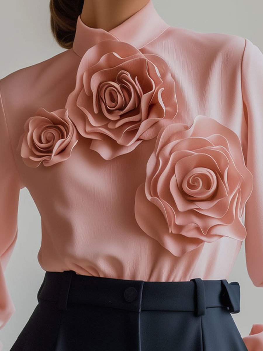 Sophisticated 3D Rose Embellished Pink Blouse