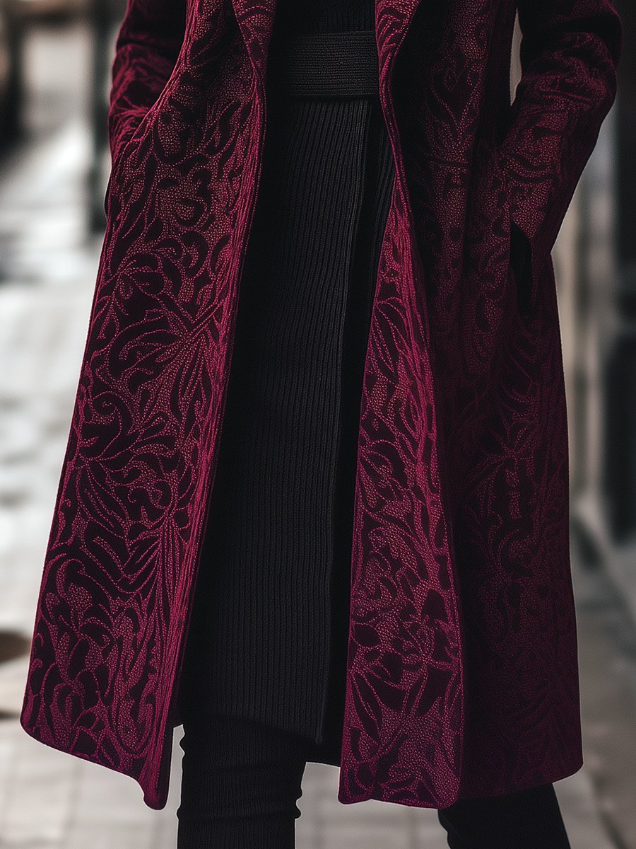 Rich Burgundy Jacquard Coat for Winter