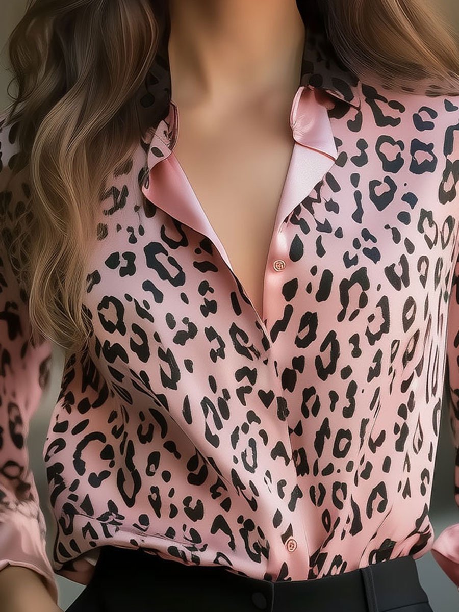 Chic Satin Blouse with Pink Leopard Print