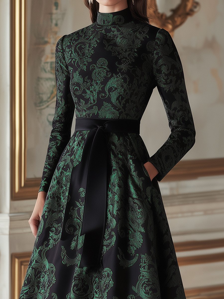 Green and Black Satin Jacquard Dress with Intricate Paisley Floral Motifs