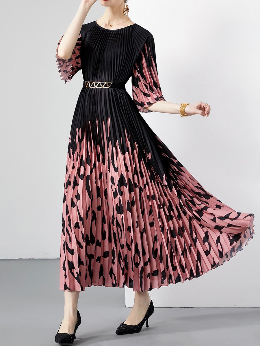 Printed Crew Neck Bell Sleeve Dress