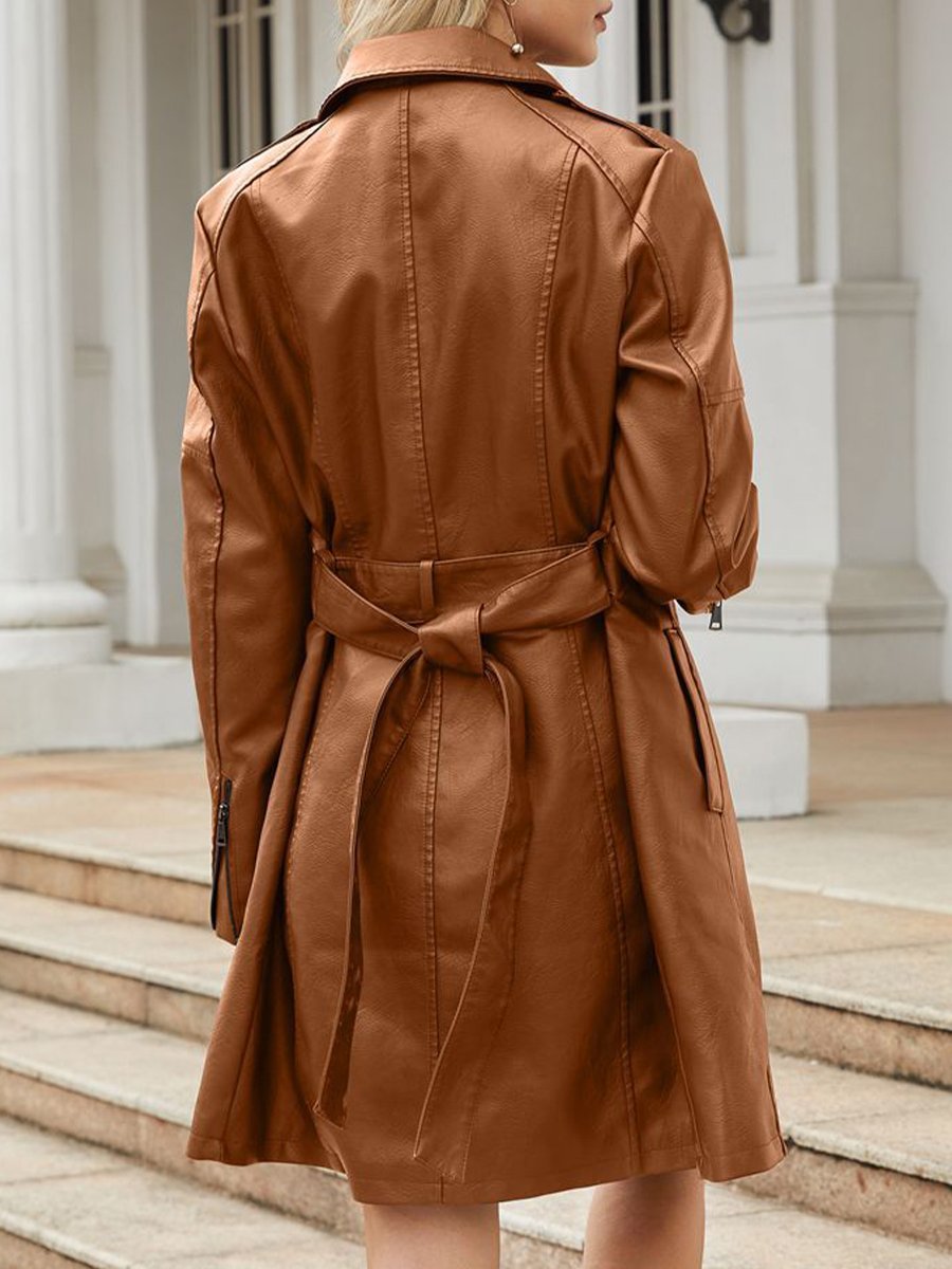 Classic Faux Leather Plain Long-sleeved Trench Coat with Belt