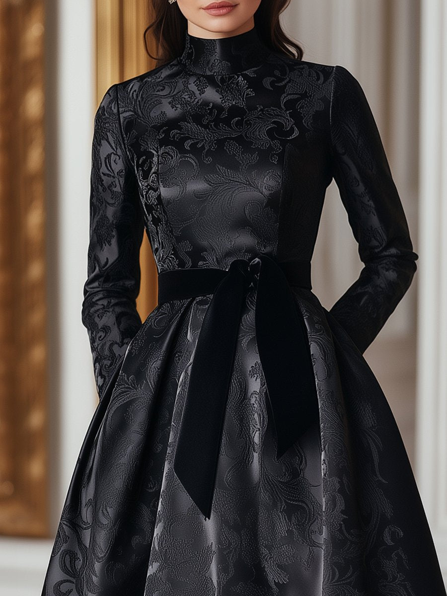 Black Satin Jacquard Dress with Elegant Floral Patterns and Belted Waist