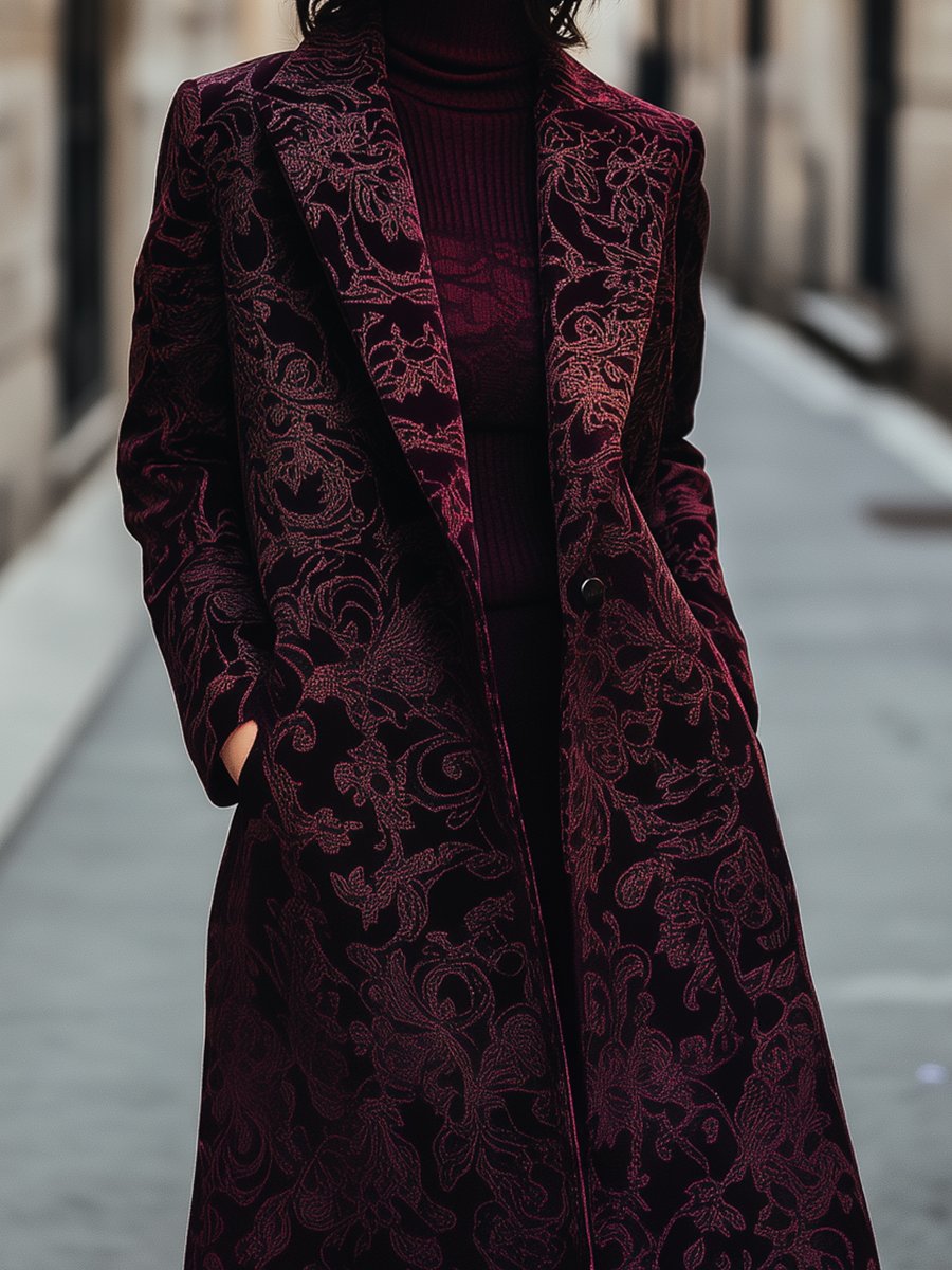 Burgundy Long Coat with Intricate Jacquard Pattern