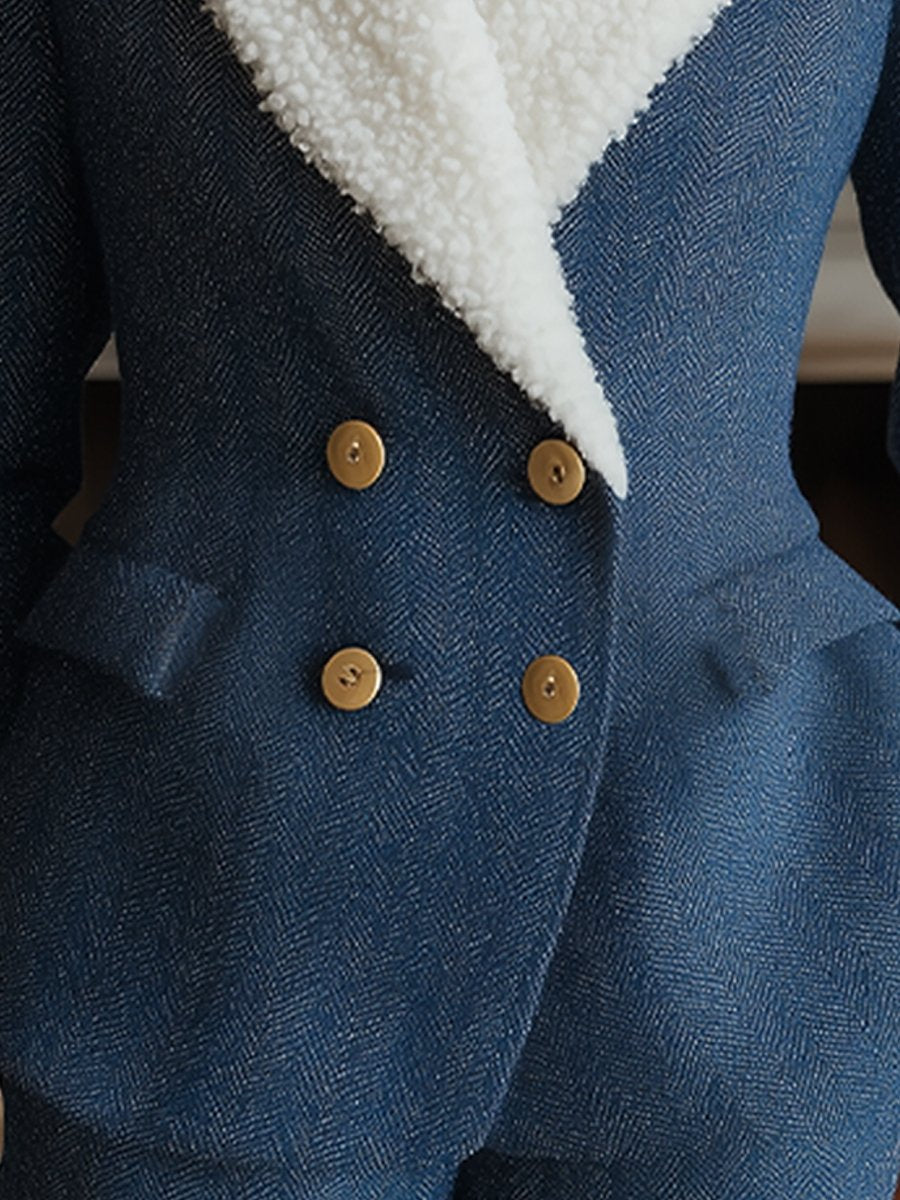 Classic Blue Herringbone Blazer with Shearling Lapel