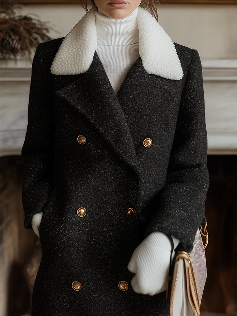 Chic Double-Breasted Black Coat with Shearling Collar