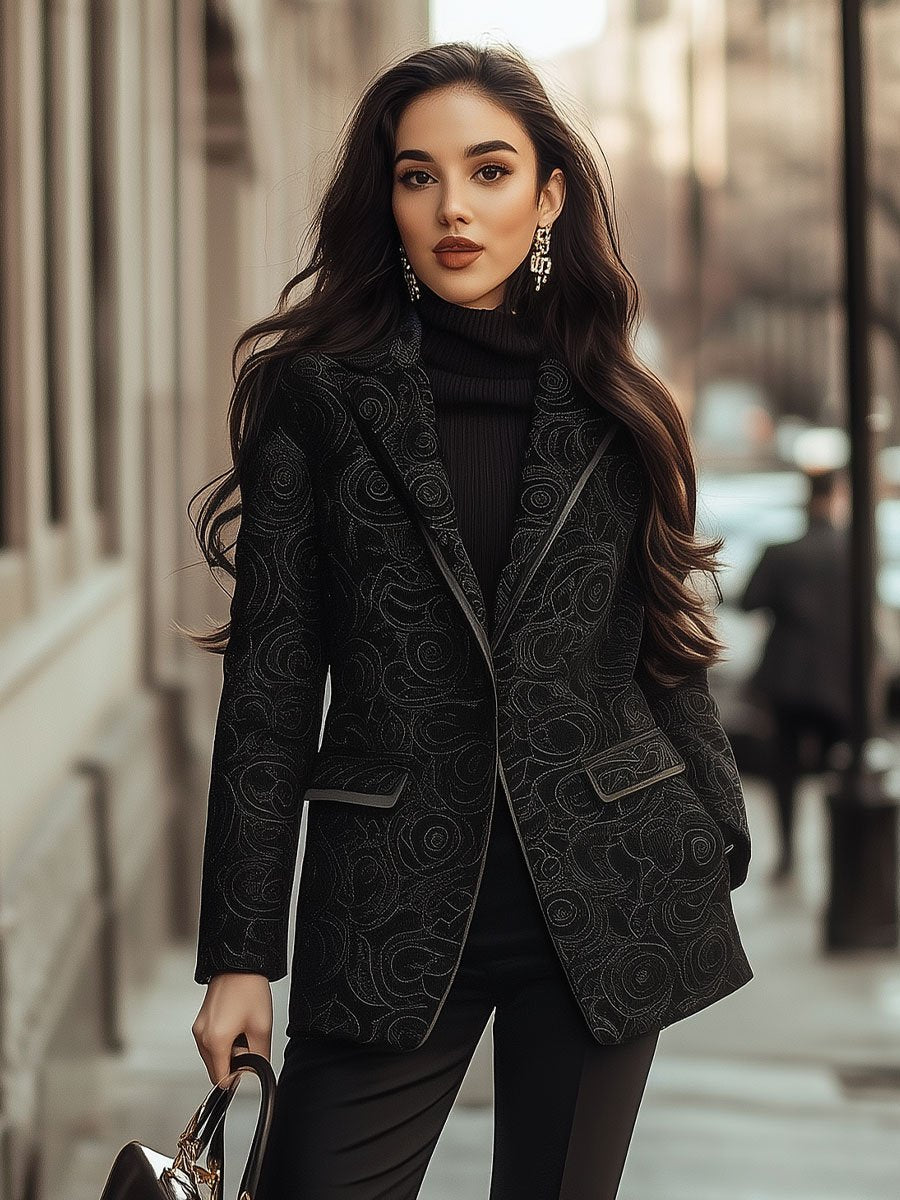 Chic Black Blazer with Intricate Patterns