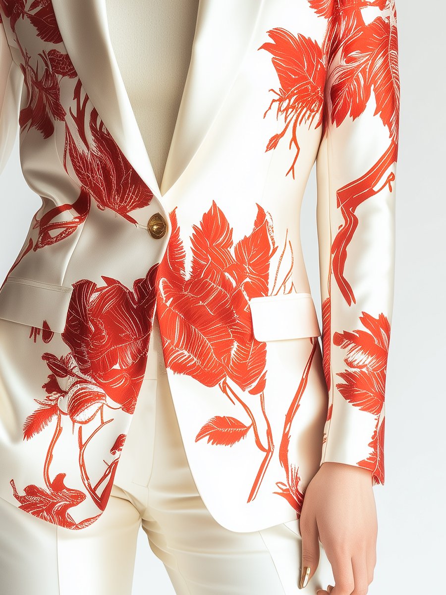 Chic Ivory Satin Blazer with Striking Red Floral Design