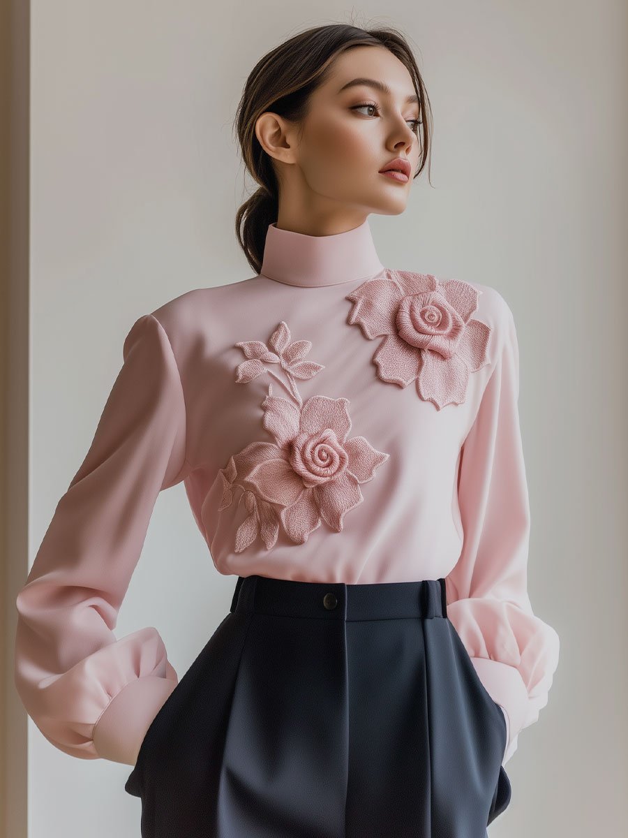 Elegant Pink Floral Embroidered Blouse with Statement Sleeves