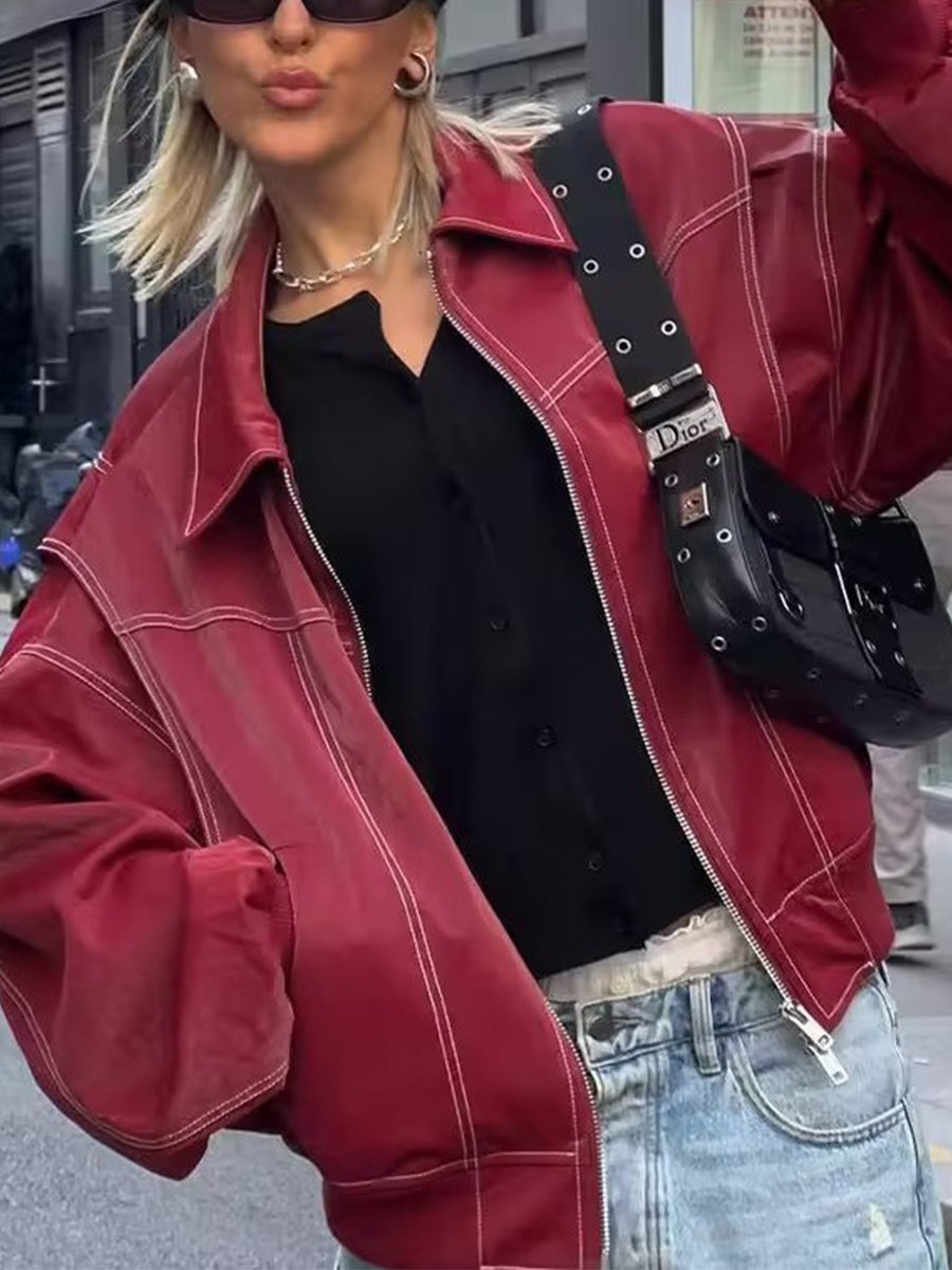 Fashionable Red Versatile Retro Leather Jacket