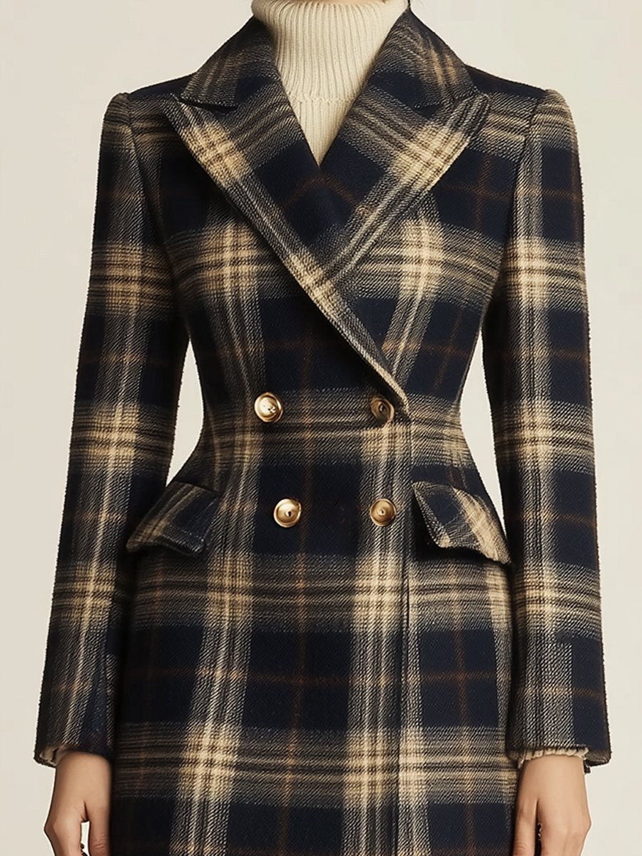 Navy and Beige Plaid Tailored Double-Breasted Coat