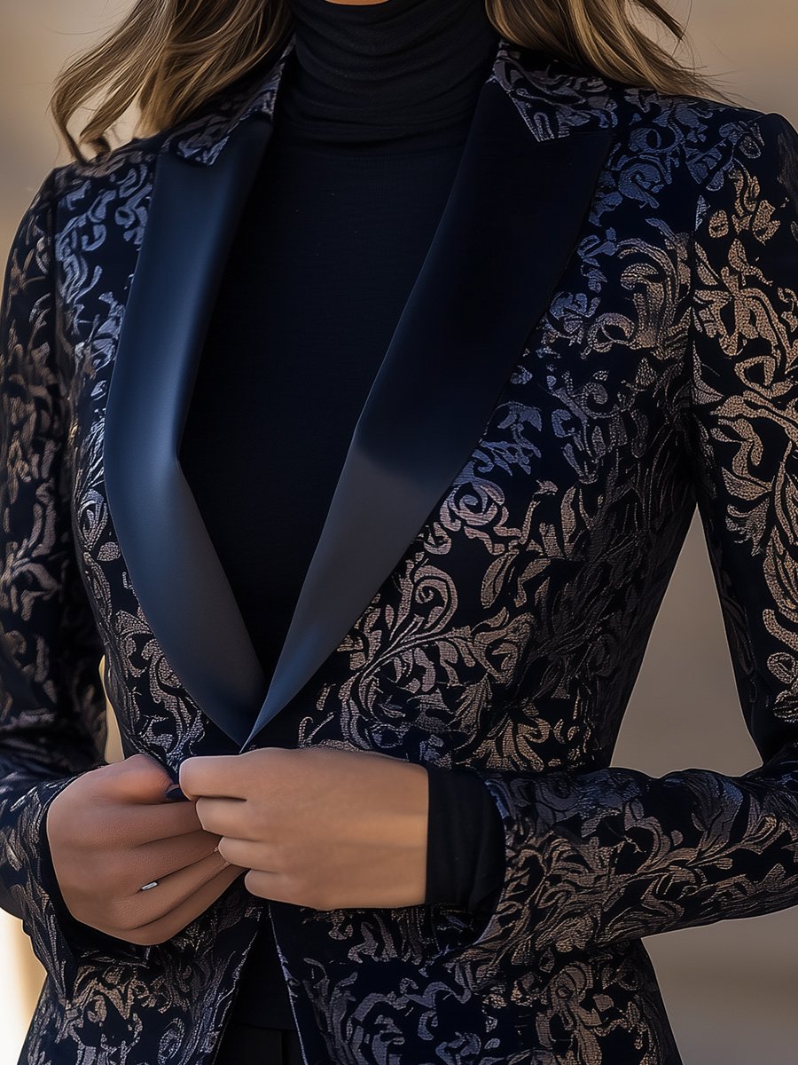Black and Silver Jacquard Blazer with Classic Floral Detailing