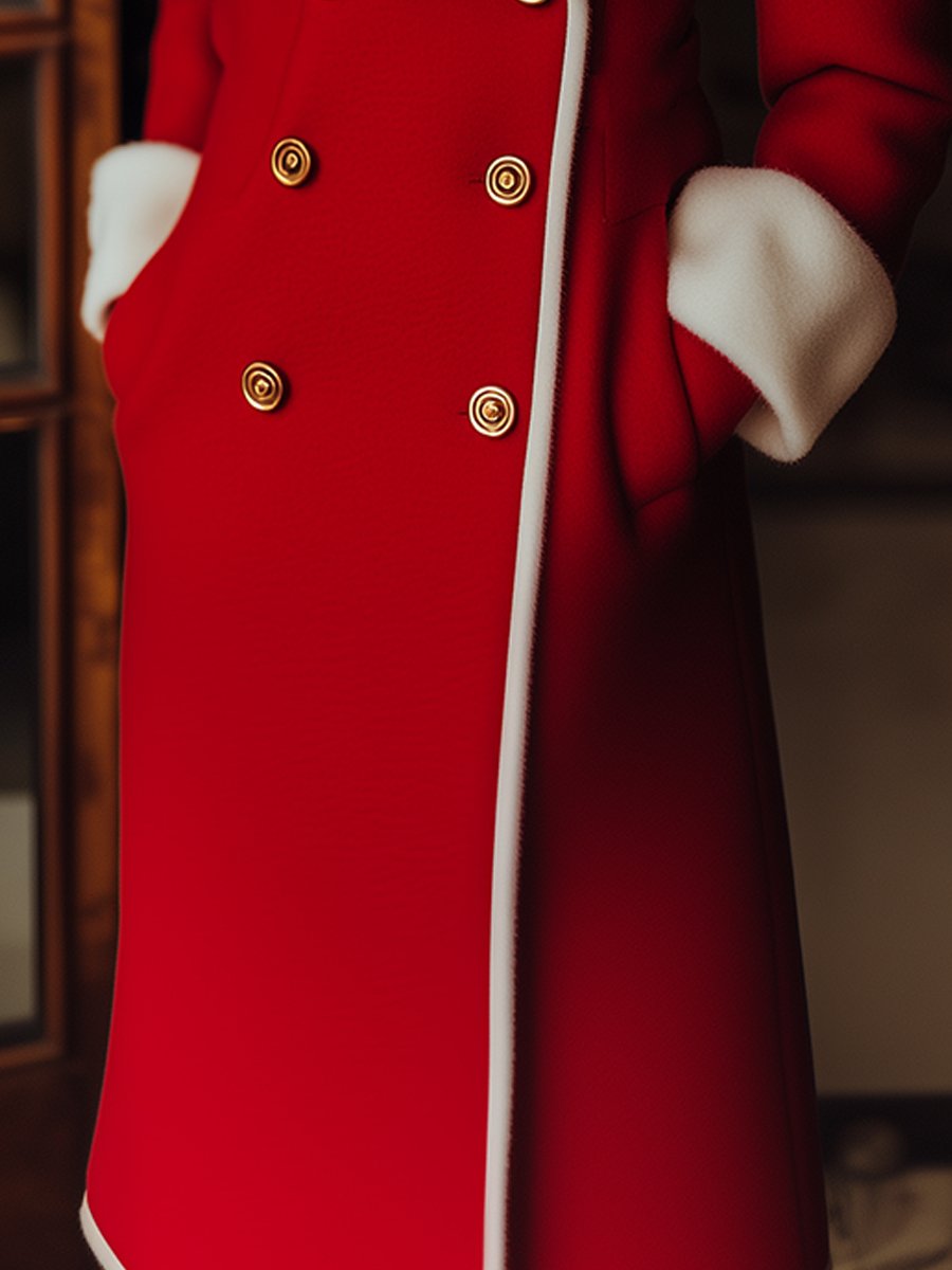 Classic Red Double-Breasted Coat with White Shearling Trim