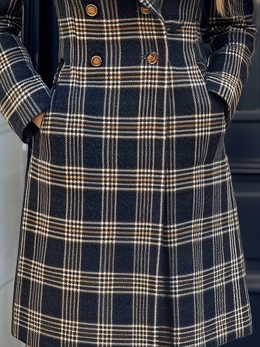 Classic Black and Beige Plaid Double-Breasted Wool Coat