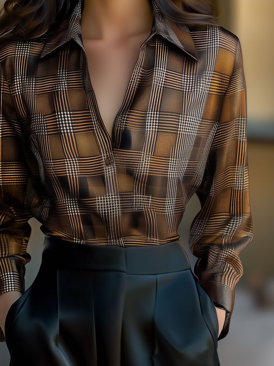 Sophisticated Plaid Satin Blouse