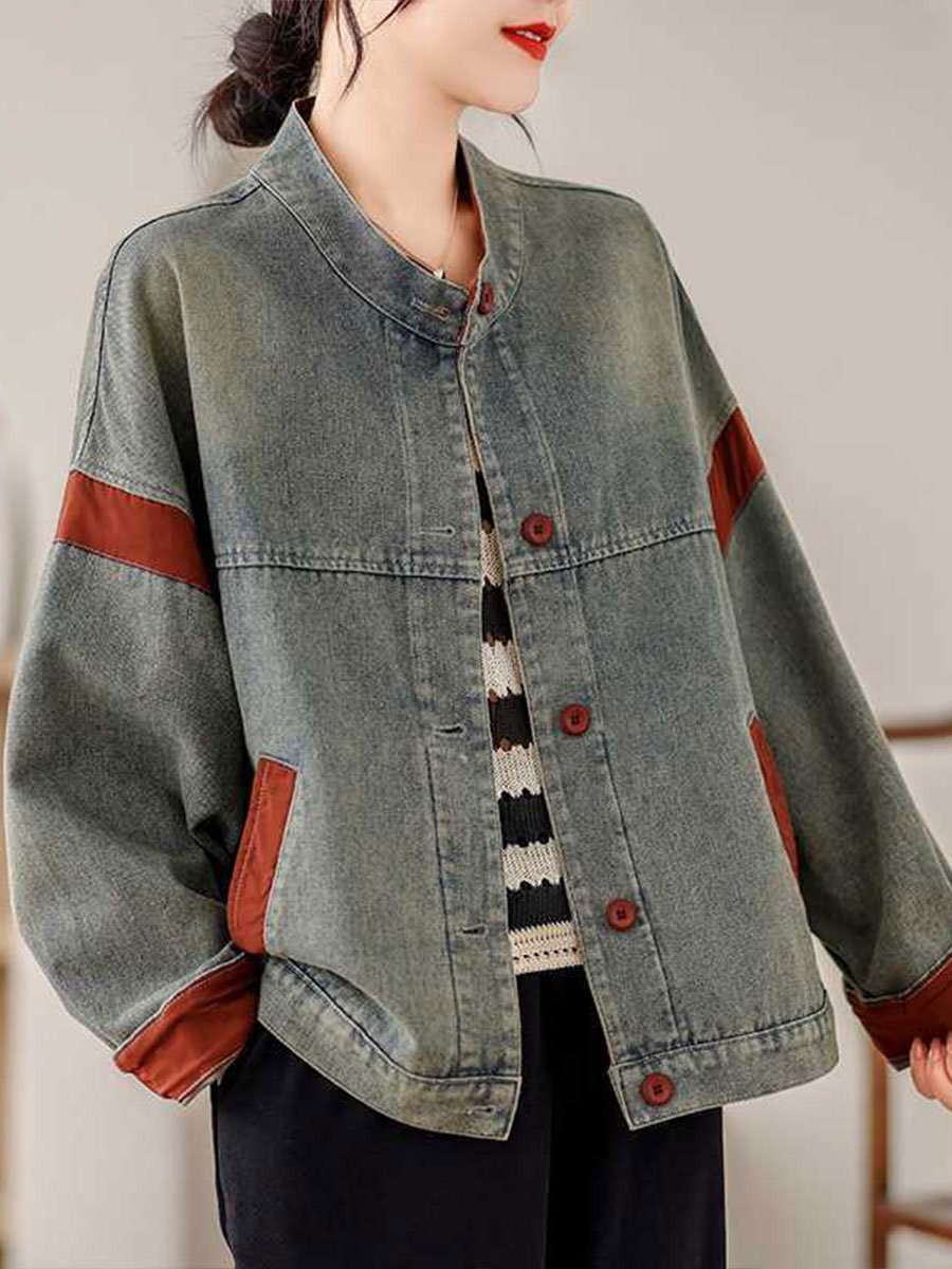 Casual Button-Up Denim Jacket with Brown Accent Trim