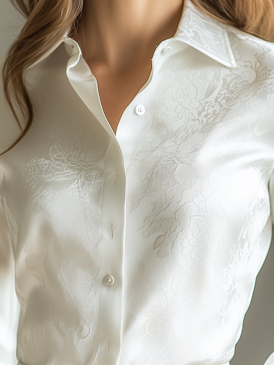 Elegant Ivory Satin Jacquard Shirt