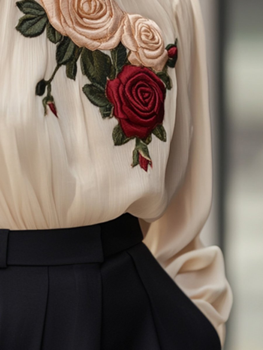 Elegant High-Neck Blouse with 3D Rose Embroidery