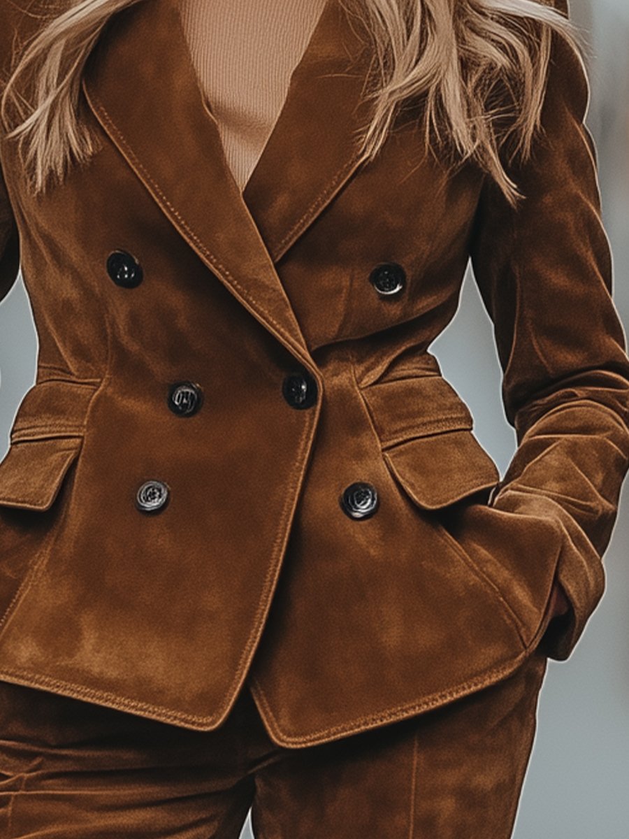 Brown Double-Breasted Suede Blazer with a Tailored Fit
