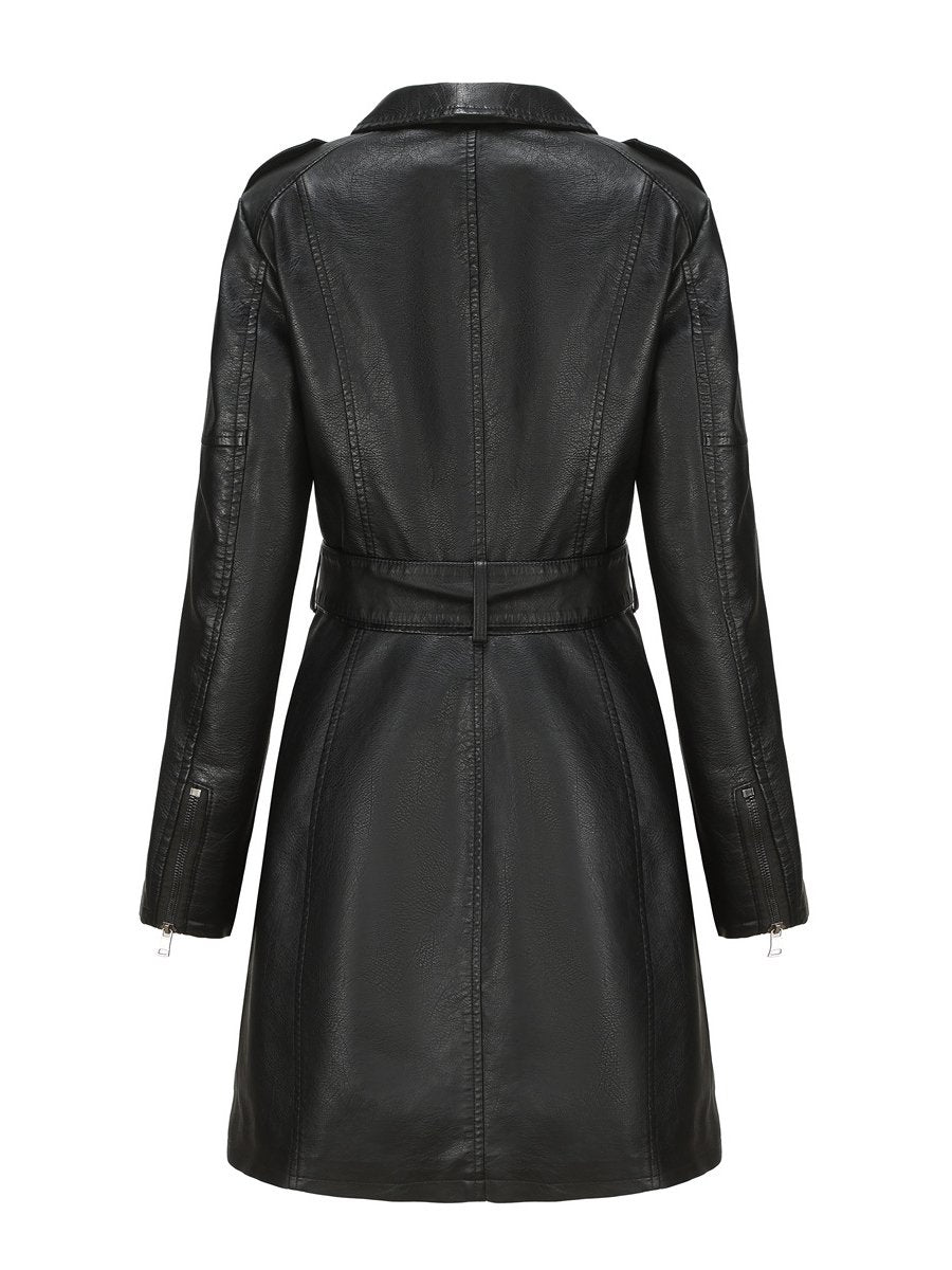 Classic Faux Leather Plain Long-sleeved Trench Coat with Belt