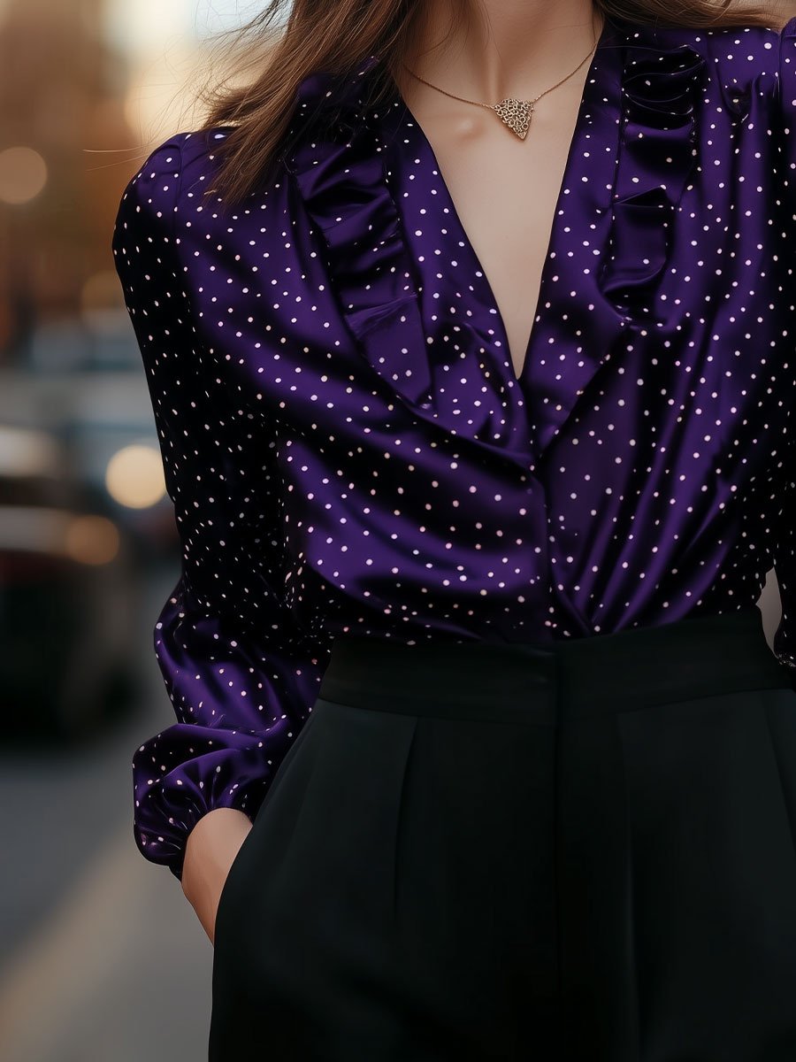 Purple Polka Dot Blouse with Ruffle Detailing