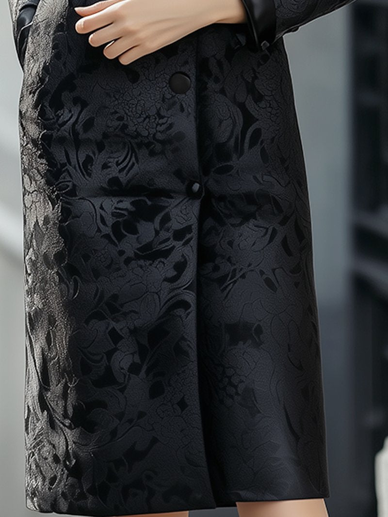 Classic Black Floral Jacquard Blazer Dress with Satin Lapel