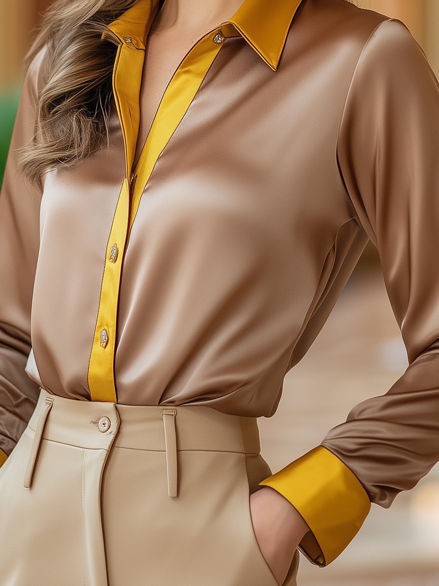 Warm Light Brown Satin Blouse with Golden Yellow Details