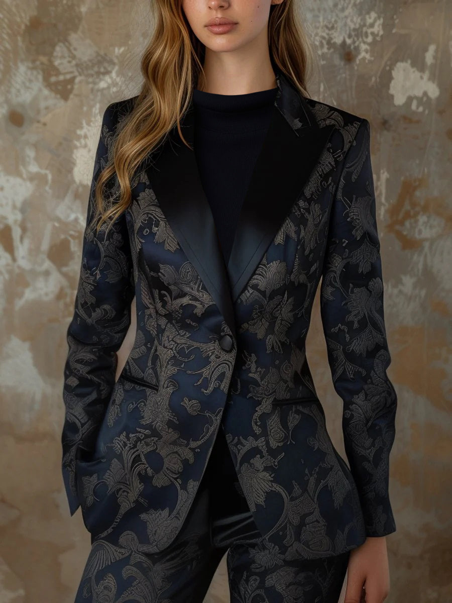Navy Black Satin Jacquard Blazer