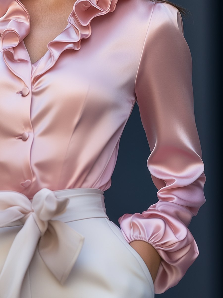 Elegant Pink Satin Blouse with Ruffled V-Neckline Charm