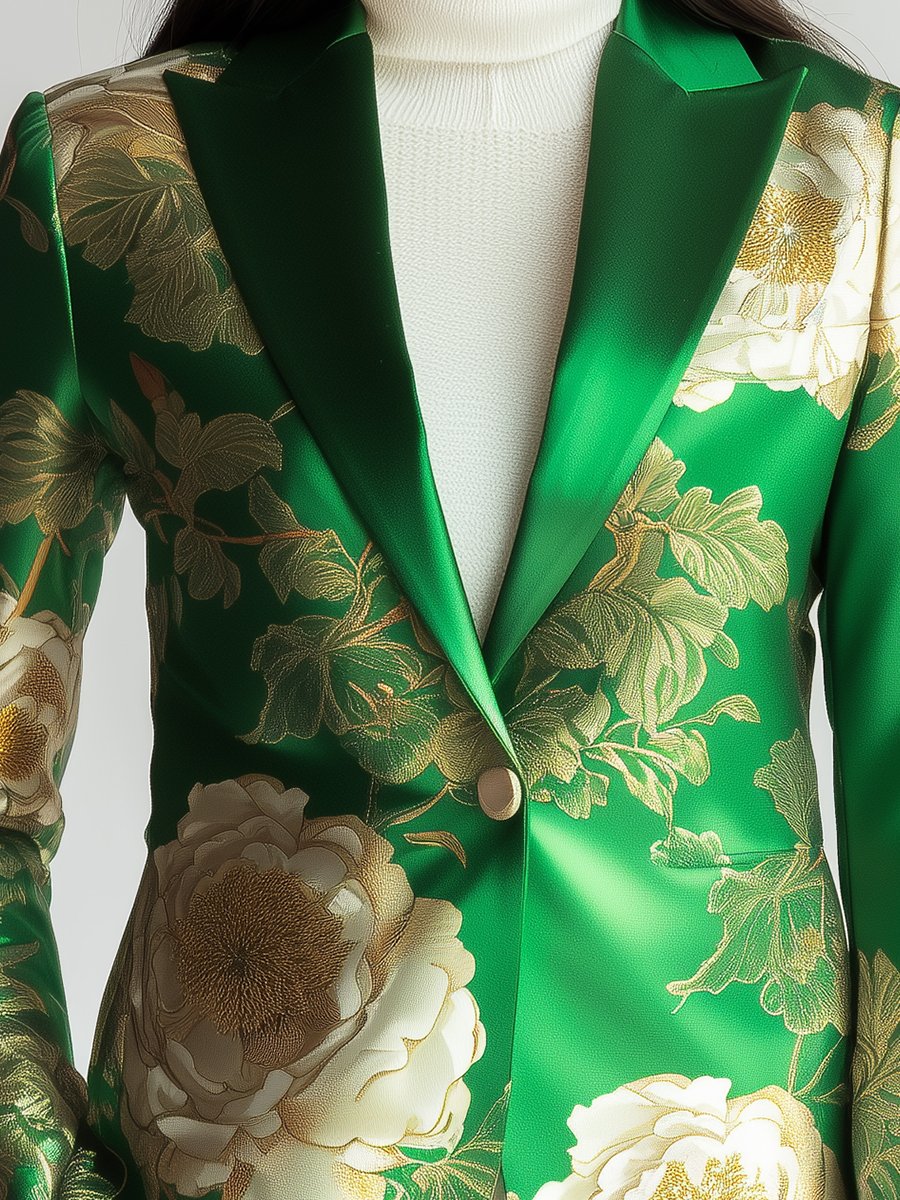 Vibrant Green Satin Blazer with Bold Peony Floral Print