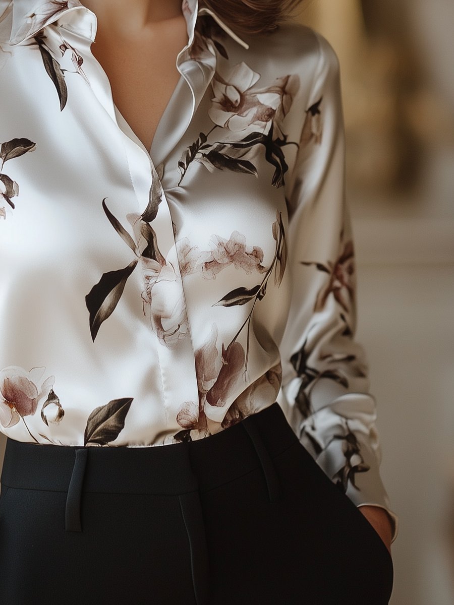 Modern Satin Printed Blouse with Magnolia Pattern Elegance