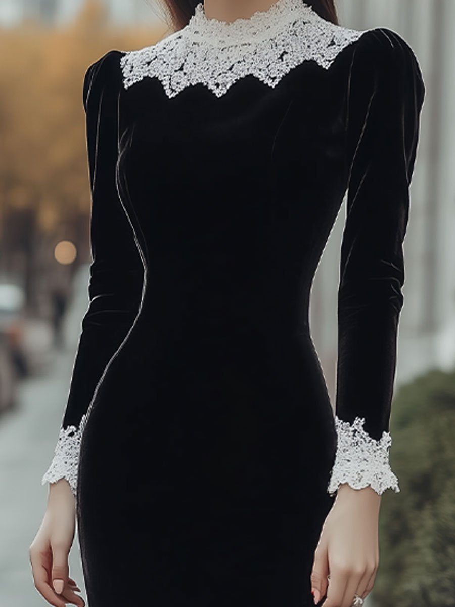 Black Velvet Mermaid Dress with White Lace Trim