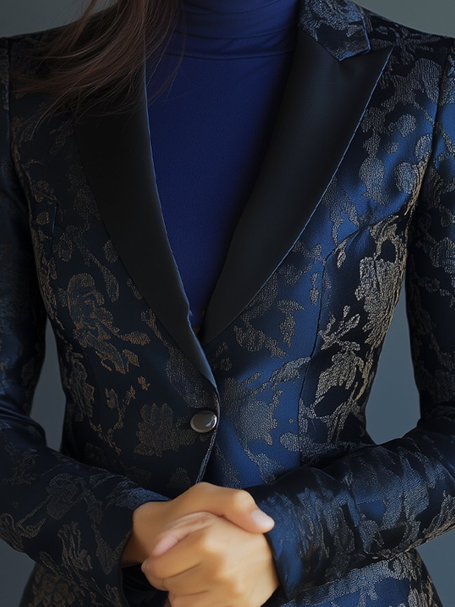 Luxurious Blue Satin Jacquard Blazer with Floral Embellishments
