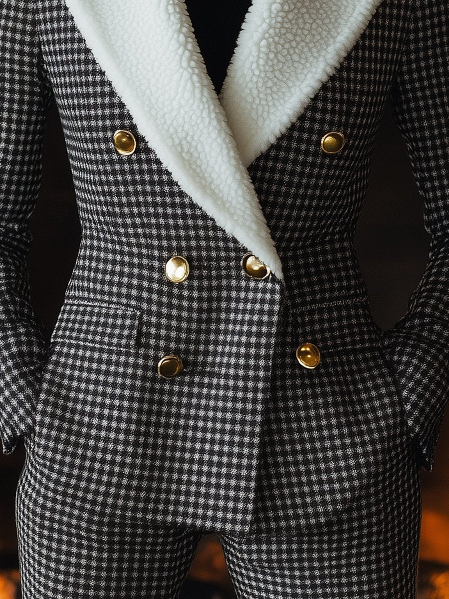Houndstooth Shearling Collar Blazer