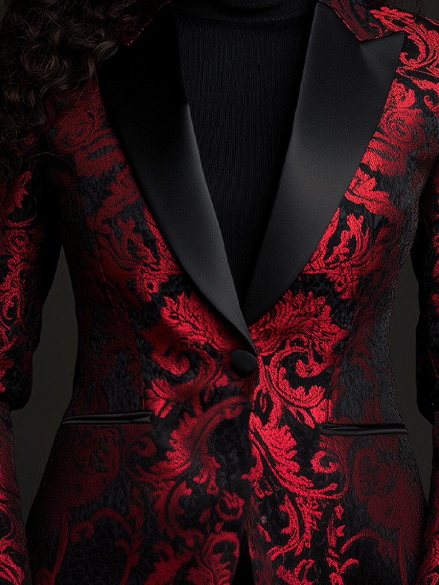 Statement Black and Red Satin Jacquard Blazer with Ornate Patterns