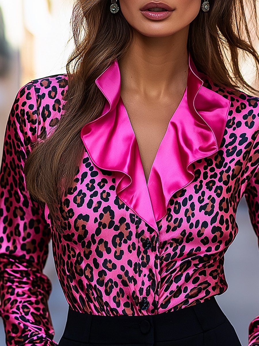 Vibrant Hot Pink Leopard Satin Blouse with Ruffled Neckline